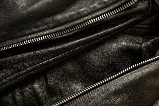 Black Leather Texture With
And Metallic Zipper For Clothing