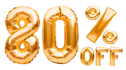 Golden eighty percent sale sign made of inflatable balloons isolated on white. Helium balloons,...