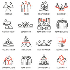 Vector set of linear icons related to business process, team work and human resource management. Mono line pictograms and infographics design elements - part 7