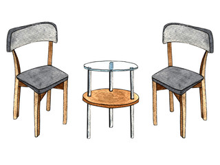 hand-drawn watercolor set of furniture from a chair, armchair and a glass table on a white background.