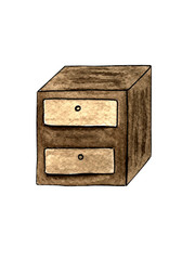 watercolor illustration. hand drawing. one isolated wooden brown bedside table on a white background.
