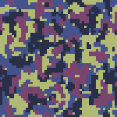 Camouflage texture blue, green and purple color seamless background. Fashion digital pixel camo pattern. Stock vector