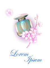 Advertising perfume products in soft colors. A bottle of eau de toilette, perfume, cherry blossom branch on a white background.