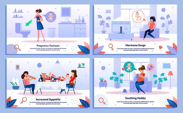 Pregnancy Toxicosis, Hormone Surge and Appetite, Hobby Trendy Flat Vector Banner, Poster Set. Lady Feeling Nausea, Feels Mood Changes and Sweating, Eating Unhealthy Food, Knitting at Home Illustration