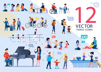 People Active Lifestyle and Relationships, Kids Education, Childbirth Prepare Trendy Flat Vector Scenes Set. Pregnant Women, Traveling Couple, Learning Children, Tourists Characters Illustrations