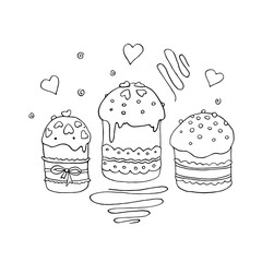Set of Outline Easter cakes or sweet bread or Paska. Simple hand drawn vector illustration. Traditional orthodox food in contour doodle cartoon style for coloring book, spring, holiday, greeting card