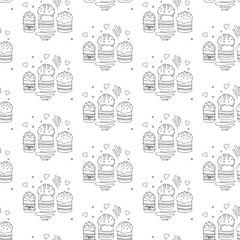 Seamless pattern with Easter cake or sweet bread or Paska. Spring festive background and texture with traditional orthodox food in contour doodle style. Hand Drawn vector illustration