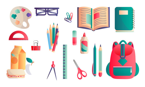 Set of different school and educational supplies. Vector illustration in flat cartoon style.