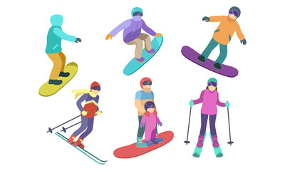 Set of different skiers and snowboarders characters. Vector illustration in flat cartoon style.