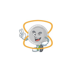 Cheerful N95 mask mascot design with two fingers