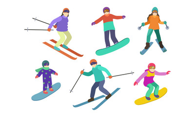 Fototapeta na wymiar Set of different skiers and snowboarders characters. Vector illustration in flat cartoon style.
