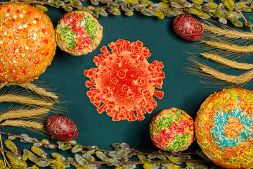 Still life of Easter dishes on a green background during quarantine with a coronavirus bacterium