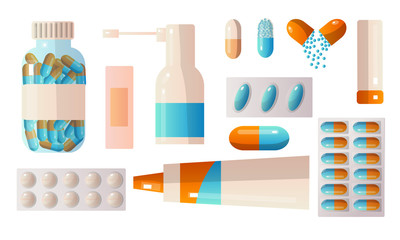 Set of medical first aid kit drugs that contain various pills, potions, drops, ampoules. Vector illustration in a flat cartoon style.