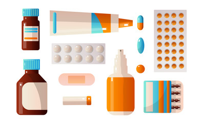 Set of medical first aid kit drugs that contain various pills, potions, drops, ampoules. Vector illustration in a flat cartoon style.