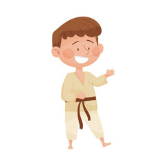 Happy Boy in Sport Wear Doing Karate Vector Illustration