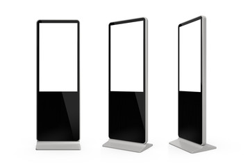 Set of Different Angles of "Phone Bar Kiosk" Advertising LCD Screen Stand MockUp. 3D Render Isolated on White Background.