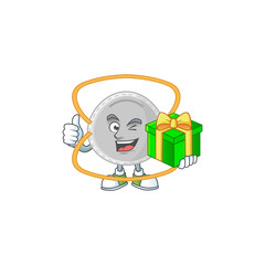 Smiley N95 mask cartoon character holding a gift box