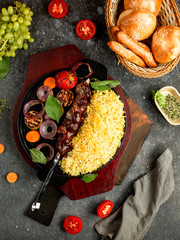 boiled rice with meat in a barbecue sauce
