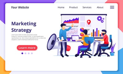 Obraz na płótnie Canvas Marketing strategy concept, business people on meeting and presentation for new campaign sales promotion. Modern flat web page design for website and mobile website development. Vector illustration