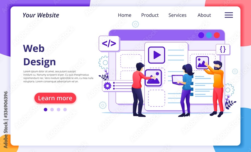 Poster web design concept, people creating an web application design, content and text place. modern flat w