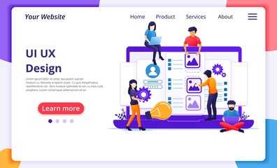 Obraz na płótnie Canvas UI UX design concept, people creating an application design, content and text place. Modern flat web page design for website and mobile website development. Vector illustration