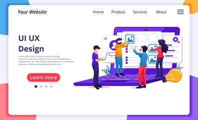 UI UX design concept, people creating an application design, content and text place. Modern flat web page design for website and mobile website development. Vector illustration