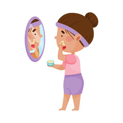 Little Girl Standing in Front of the Mirror and Applying Facial Cream Vector Illustration