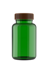 Green Transparent Plastic Bottle for Pills Packing. 3D Render Isolated on White Background.