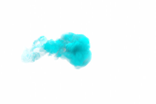 Smoke cloud. Aquamarine smog mist cloud isolated on white. Blue fog steam aromatherapy concept. Abstract banner paints. Holi. Liquid ink.