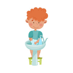 Little Boy Washing Hands Standing on Stool in Front of the Sink Vector Illustration