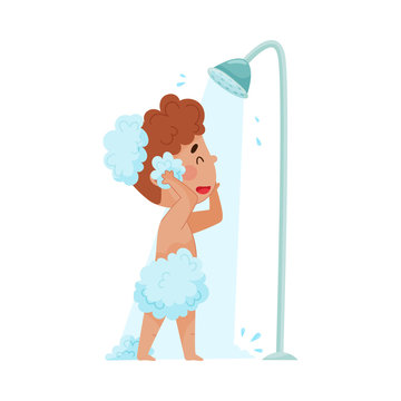 recommend clip art: Cheerful Boy Taking a Shower Standing Under Shower Head Vector Illustration