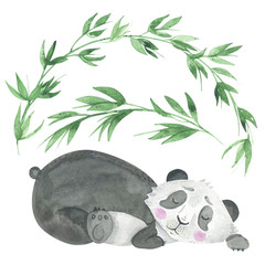 Naklejka premium Watercolor Panda baby and bamboo clipart