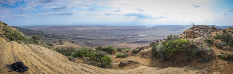 Panorama of the plains from Garedjian Ridge in Georgia near David Gareji Monastery looking towards Azerbaijan.