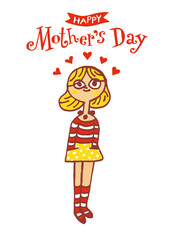 Happy Mother's Day, lettering with small hearts, hand drawn mother daughter character