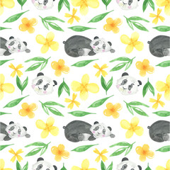 Seamless pattern watercolor panda baby and bamboo background