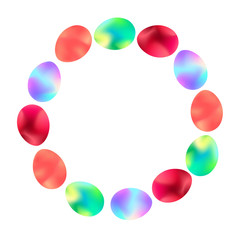 Easter wreath of multi-colored eggs. Festive stock vector illustration. Greeting card. Isolated objects on a white background. Copy space.