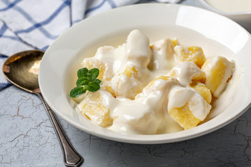 Homemade gnocchi with vanilla sauce.