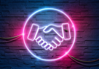 Handshake neon icon illuminating a brick wall with blue and pink glowing light 3D rendering