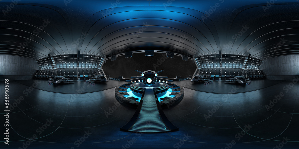 Poster high resolution hdri view of a dark blue futuristic landing strip spaceship interior. 360 panorama r