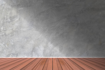 Grey blank concrete wall mockup, with wooden flooring.