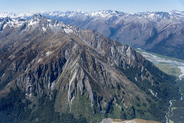 Patriarch peak slopes on High Burn valley, from above, New Zealand
