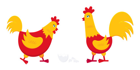 Yellow and red chicken with broken egg and a rooster cock flat style design vector illustration. Chicken farming poultry symbol icon signs. Domestic bird isolated on white background.