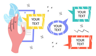 Hand holding phone. Your text speech bubble, comics design. Chat time, text, message. Cartoon hand drawn vector illustration, sticker, icon, design element.  Isolated on white background.