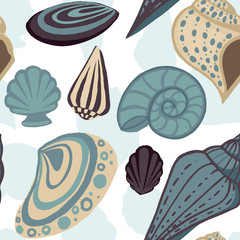 Seamless pattern big different seashell collection colored tropical shells flat vector illustration on white background