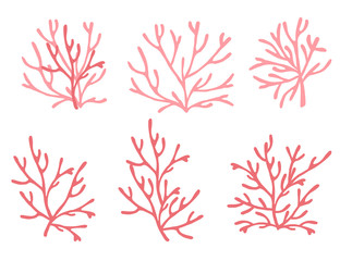 Set of pink colored seaweeds underwater ocean plants sea coral elements flat vector illustration on white background