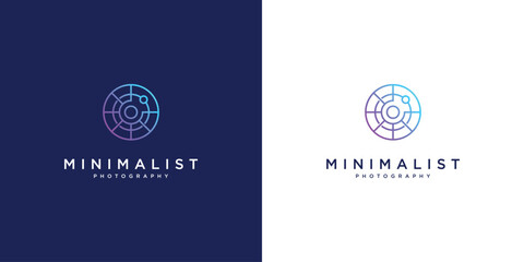 minimalist logo design photography. line style design, lens, focus and optical.
