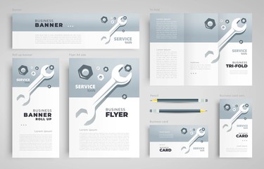 Service repair set flyer cover, tri-fold, banner, roll up banner, business card