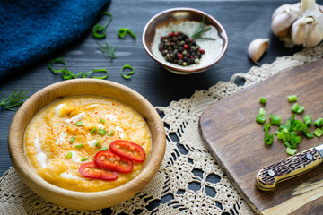 Healthy lifestyle in nutrition. Vegetable puree soup with pumpkin