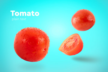 Fresh flying tomatoes on a blue background with drops. Tomatoes with full depth of coldness