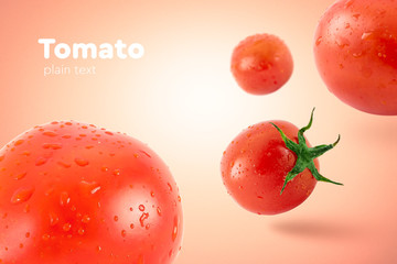 Fresh flying tomatoes on a red background with drops. Tomatoes with full depth of coldness